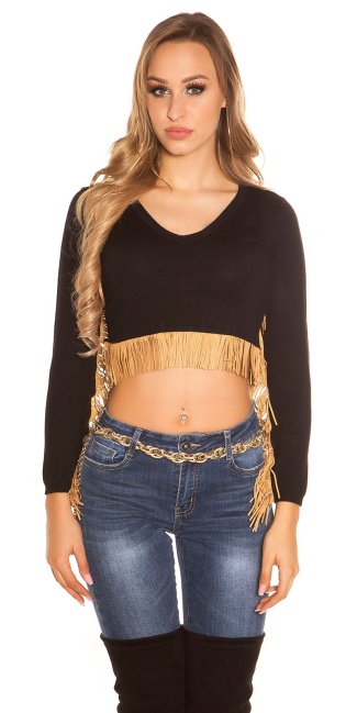 Top baelly free with fringes Black